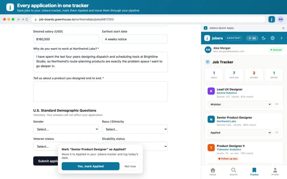 Jobera Quick Apply tracker view listing saved applications